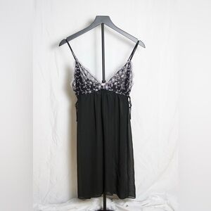 Blossom Black Embroidered Spaghetti Strap Slip Dress Size L Y2K